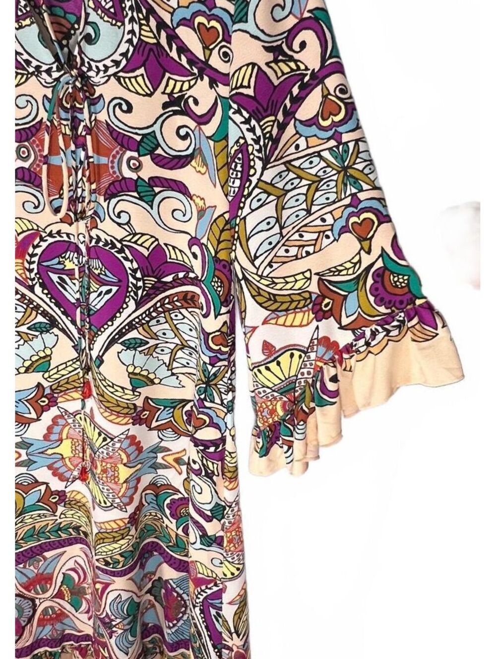 Zara Boho Psychedelic Print Tie Neck Bell Sleeve Midi Dress Cream Purple 70s L - Picture 5 of 9